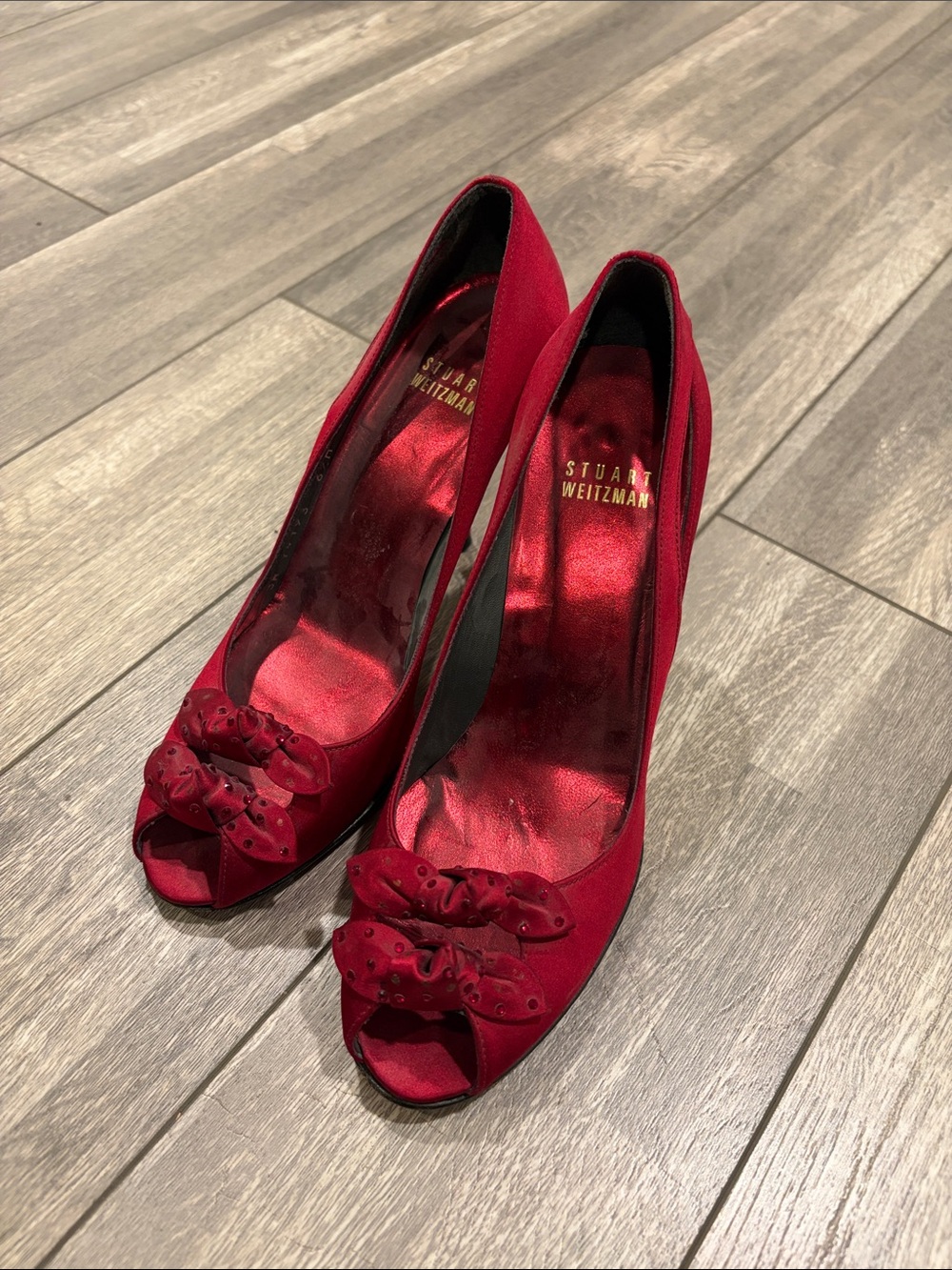 Stuart Weitzman Red Satin Peep-Toe Heels with Bow Accent